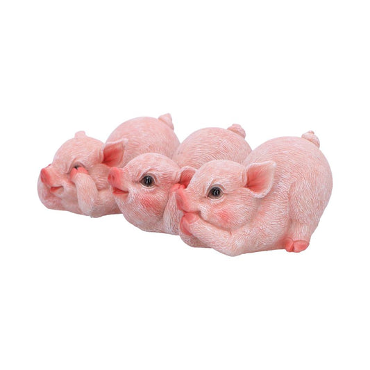 Three pink piglet figurines lie side by side, each cupping its snout with a hoof in a playful resting pose on a clean white background.
