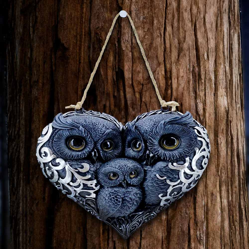 Twilight Trio Owl Family Wall Plaque hand-painted resin owl family in heart-shaped design