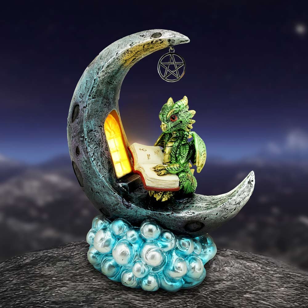 Moonbound Scholar LED Dragon Figurine - green dragon reading inside a glowing crescent moon on cloud base