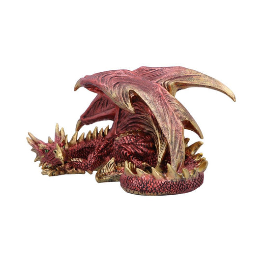 Red and gold dragon figurine curled and resting with wings folded over its spiky back and tail, detailed scales and horns, photographed against a plain white background.