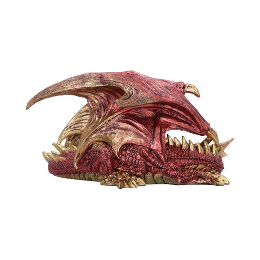 Red and gold dragon head sculpture lies with open jaw displaying jagged teeth beneath a sweeping horned crest against a plain white background.