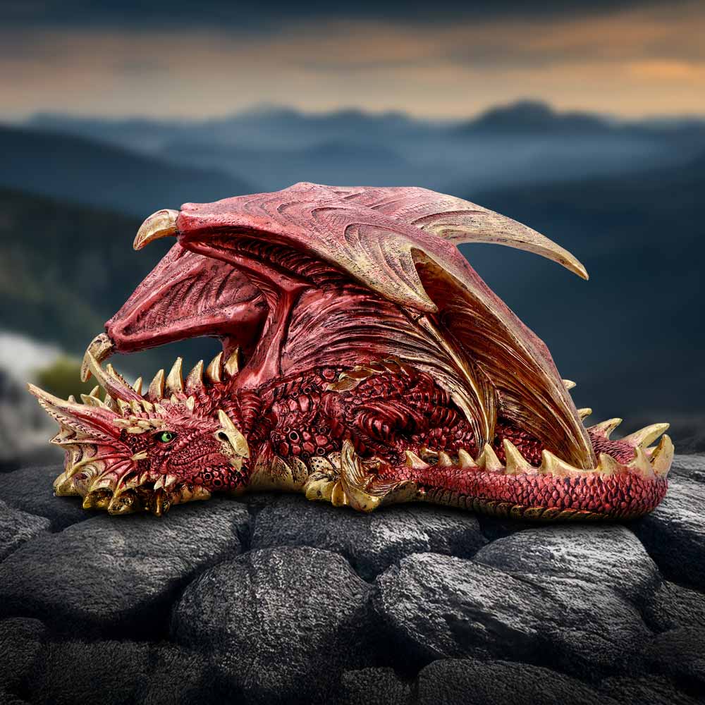 Aaden Dragon Figurine Large – metallic red and yellow horned resin dragon in a curled resting pose