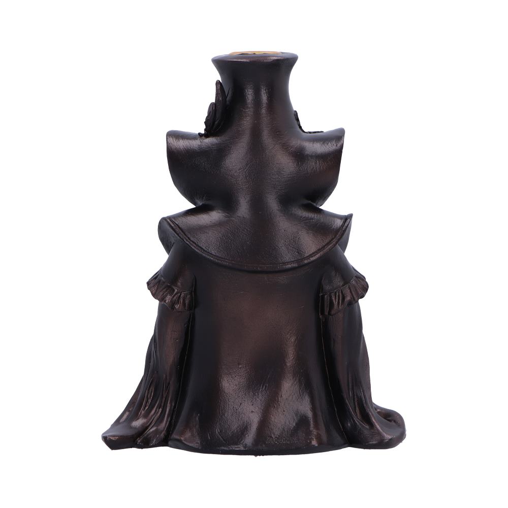 Bronze-colored cloaked figurine stands with its back to viewer, featuring a high layered collar, ruffled sleeves and flowing robe, photographed against a plain white background.