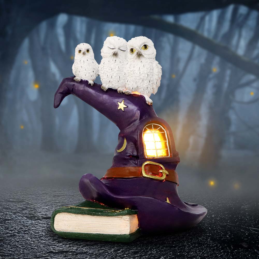 The Witching Perch Owls – resin ornament of three owls perched together with mystical woodland styling