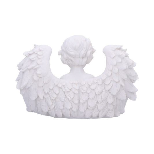 White cherub statue shows back view, wings curved around its shoulders with detailed layered feathers, placed against a seamless white background