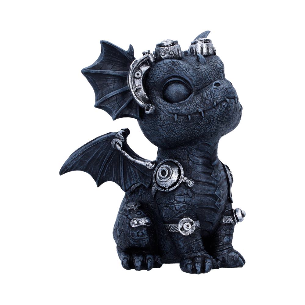Coglet Black Steampunk Dragon Figurine - angled upright pose with silver-grey accents