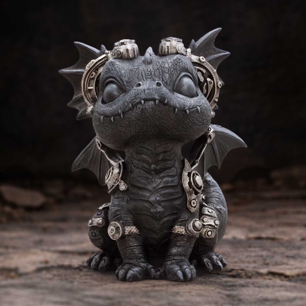 Coglet Black Steampunk Dragon Figurine - black dragon standing upright on a stone display