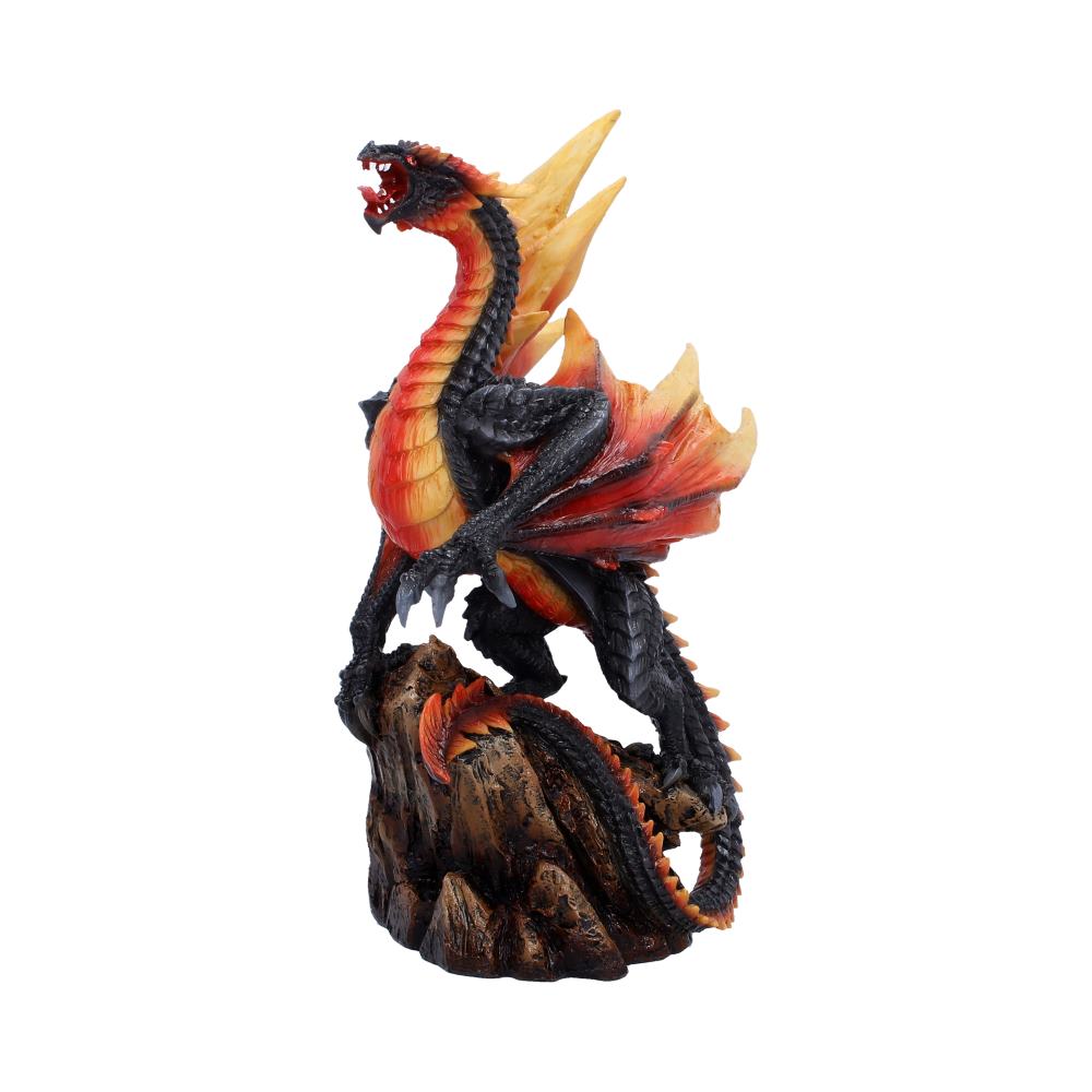 Obsidian Inferno Black Dragon Figurine - angled open mouth above rocky base
