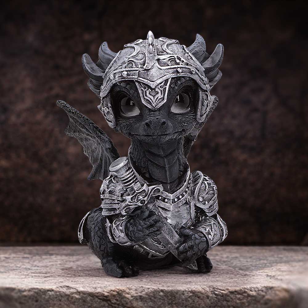 Sir Swordflame Armoured Dragon Figurine - armoured sword-bearing dragon on stone