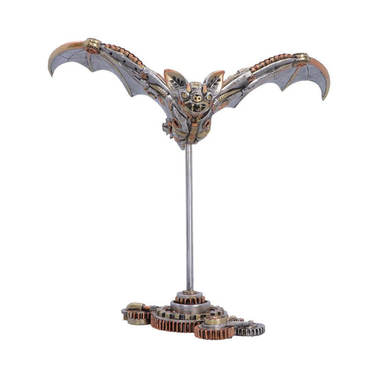 Nocturne Machina Steampunk Bat Figurine - front with mechanical bat above gear-effect base