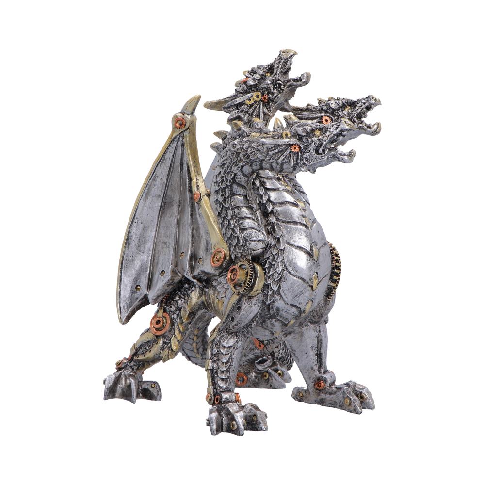 Cogwork Trinity Three-Headed Steampunk Dragon - angled three-headed dragon with bronze-toned fittings