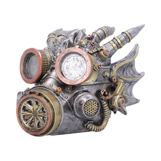 Masked Sentinel Steampunk Dragon Mask Ornament - angled mask with horns and metallic-looking fittings