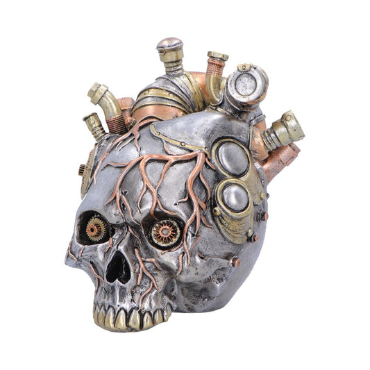 Cardiac Cranium Silver Steampunk Skull Ornament - angled skull with copper-coloured lines and gears