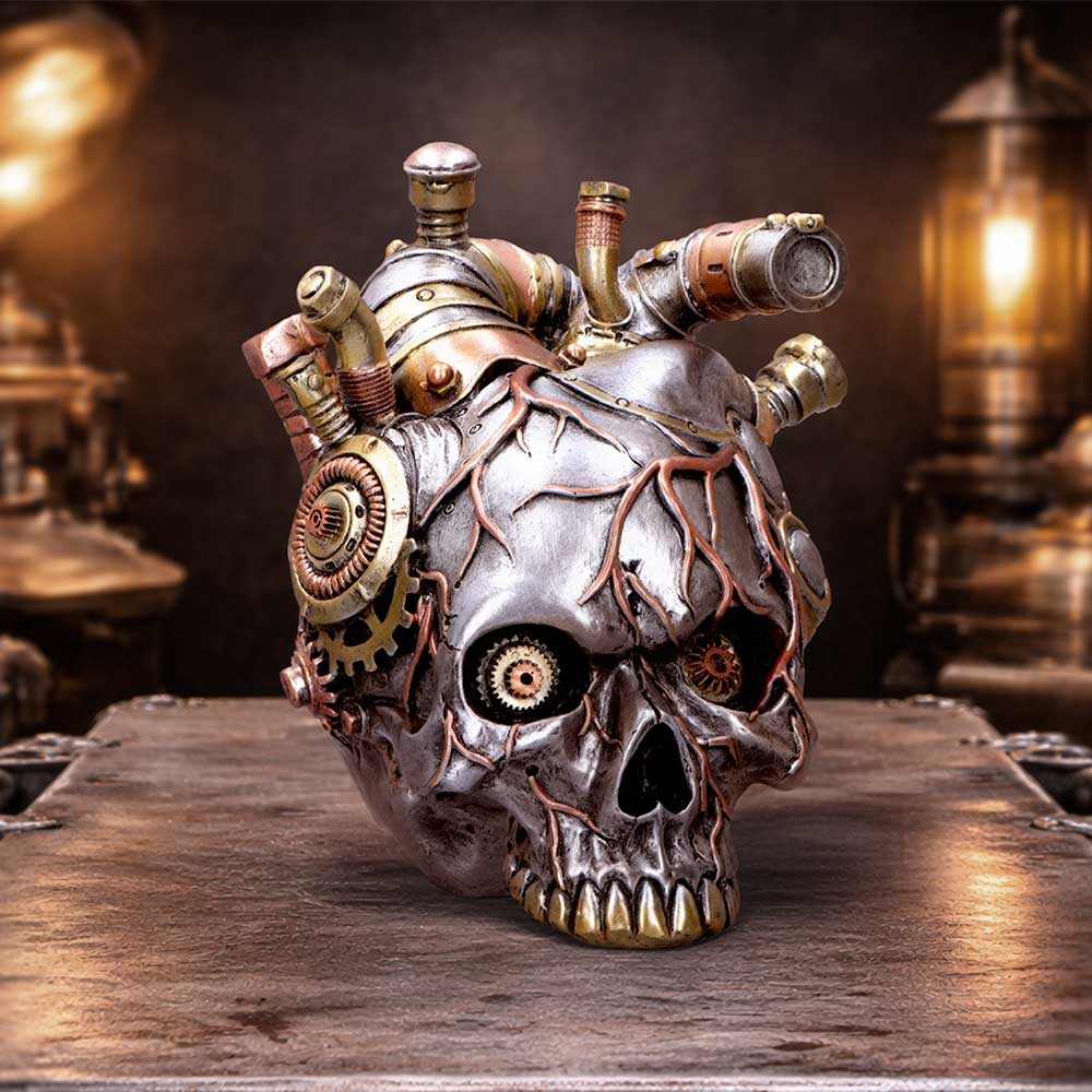 Cardiac Cranium Silver Steampunk Skull Ornament - anatomical steampunk skull in a dark workshop setting