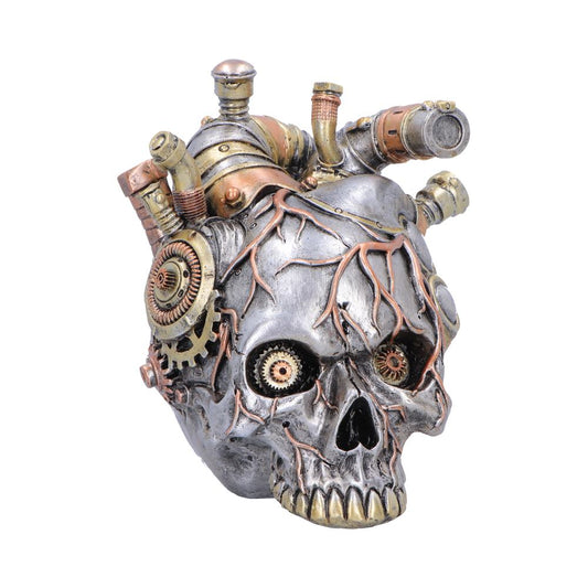 Cardiac Cranium Silver Steampunk Skull Ornament - front showing skull face and pipes above heart-shaped body