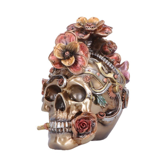 Clockwork Bloom Bronze Steampunk Skull Ornament - angled face with rose held between teeth