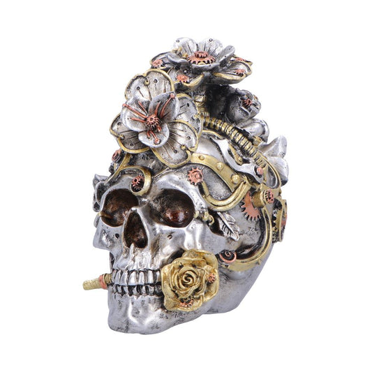 Clockwork Bloom Silver Steampunk Skull Ornament - angled face with flower crown and gears
