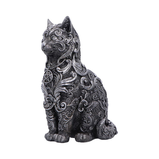 Hexbound Familiar Silver Cat Figurine - angled face with raised swirling patterns