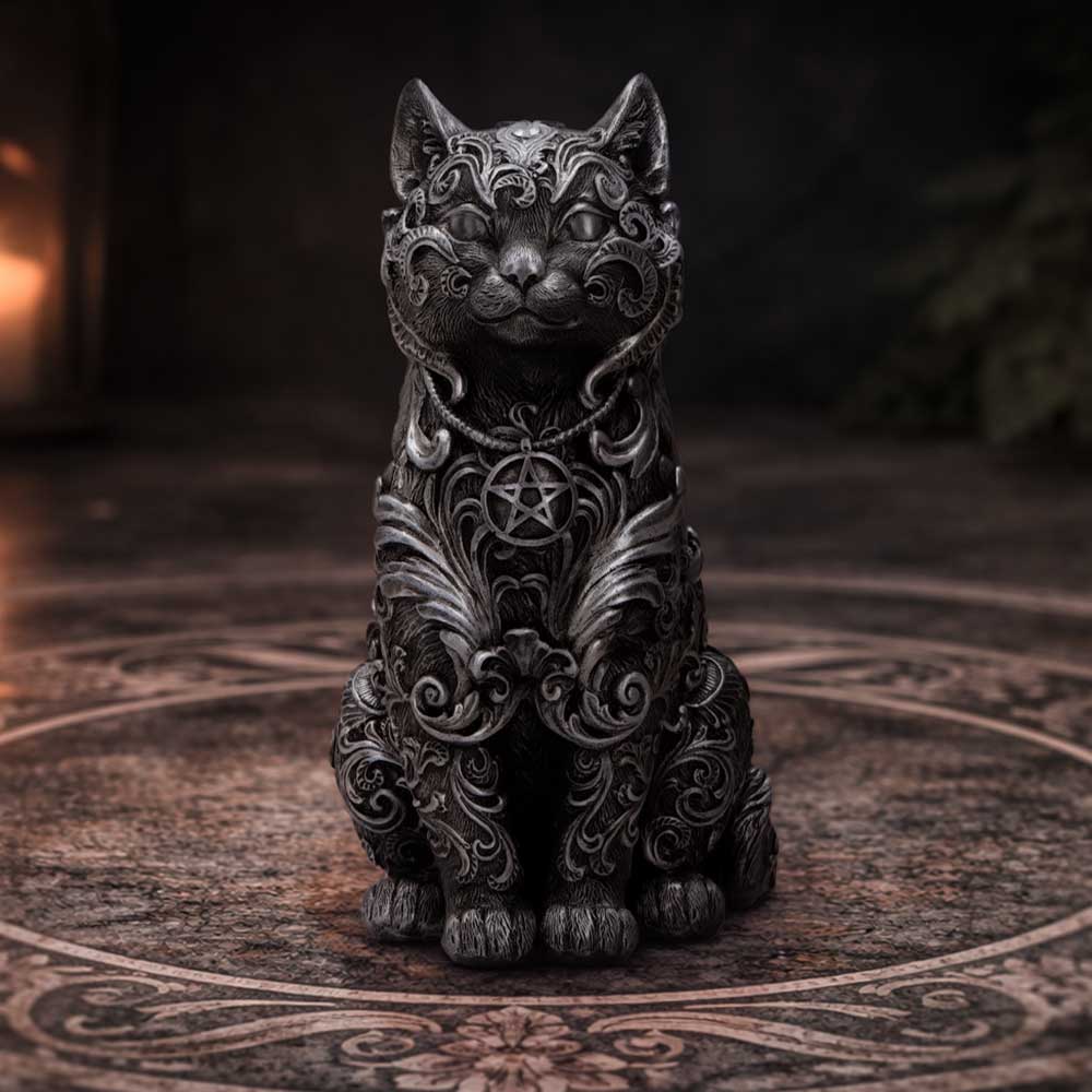 Hexbound Familiar Silver Cat Figurine - patterned silver-grey cat on a dark stone display
