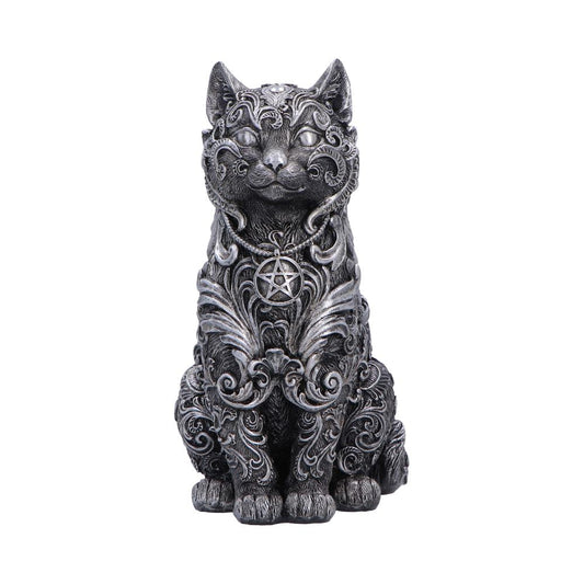 Hexbound Familiar Silver Cat Figurine - front showing seated silver-grey cat and pendant