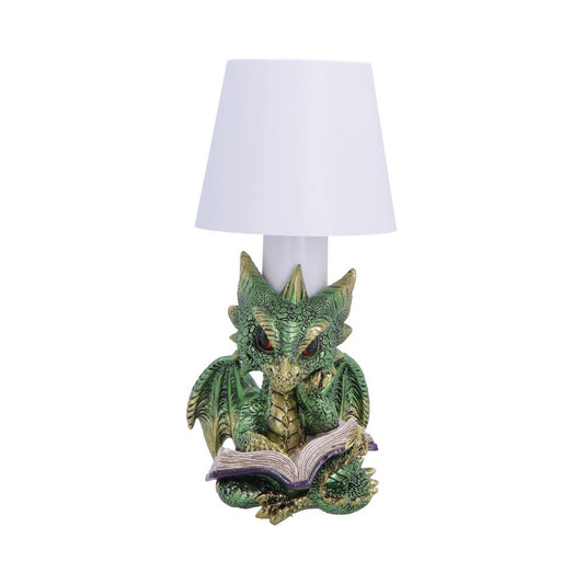 Bookwyrm Green Dragon Touch Lamp - front with reading green dragon beneath pale shade