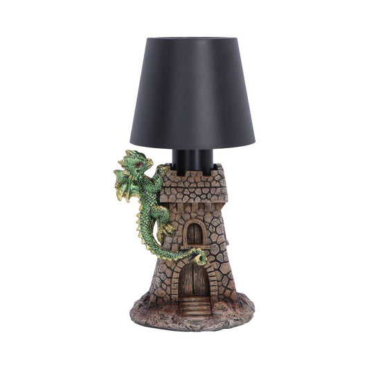 Castle Keeper Green Dragon Touch Lamp - front with green dragon climbing castle tower