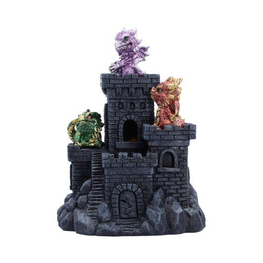 Dragonlings Keep Light-Up Castle - front of the dark castle with purple, orange and green dragons on its towers