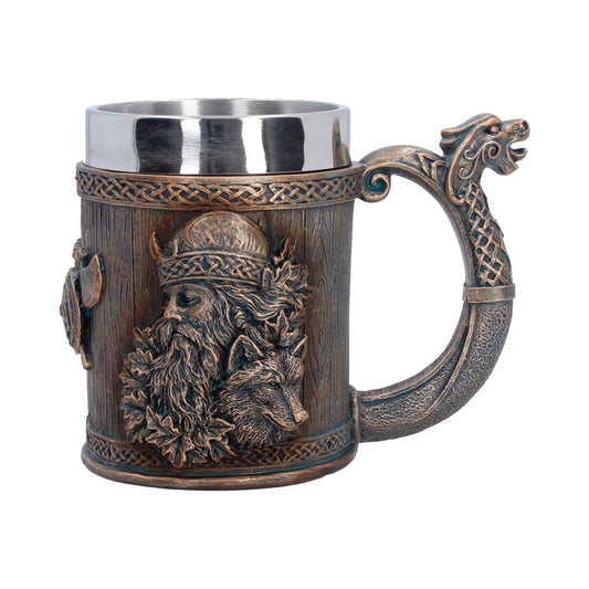 Til Valhalla Viking Tankard Small - front with bearded Viking and wood-effect panels