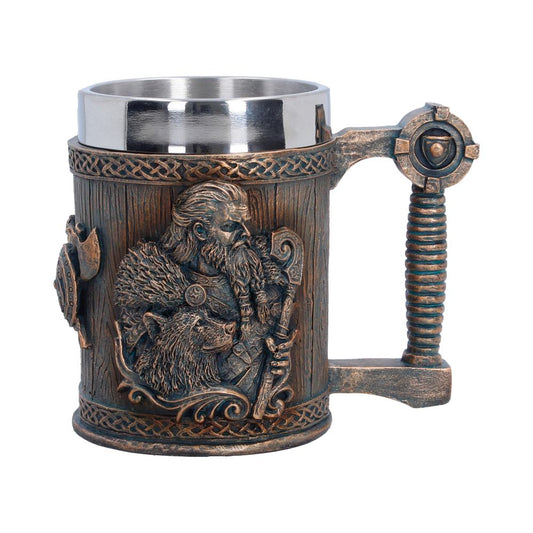 For The Gods Viking Tankard Small - front with Viking portrait and sword-hilt handle
