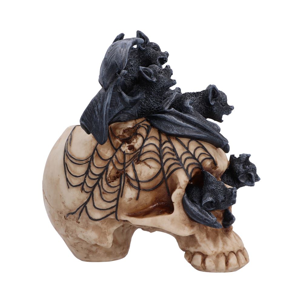 Swarm of Shadows Bat Skull Ornament - side of the raised wings and sculpted bats in the skull face