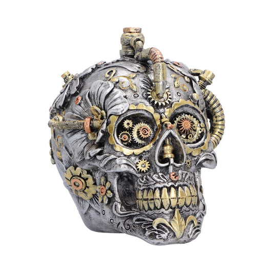 Floral Automaton Steampunk Skull Ornament - silver-grey floral skull with cog-filled eyes and gold accents