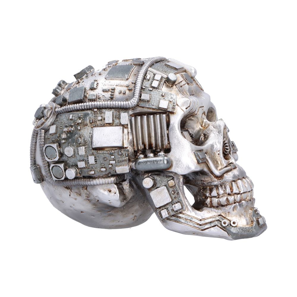 Technomortis Microchip Skull Ornament - side profile of the technological-style jaw and panelled cranium
