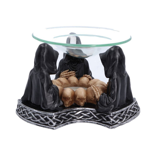 Eternal Offering Reaper Oil Burner - three dark hooded reapers beneath a clear glass burner dish