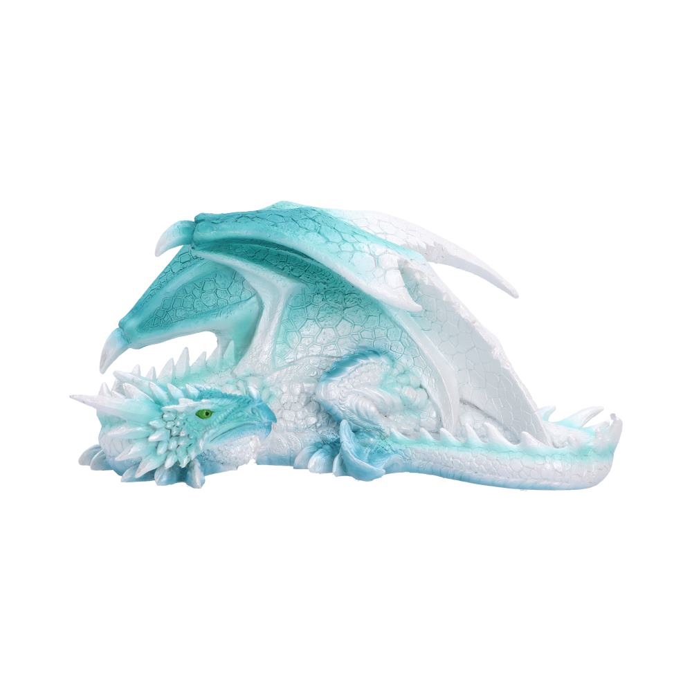 Tundra Ice Dragon Ornament - opposite side of the curved tail and green-eyed face
