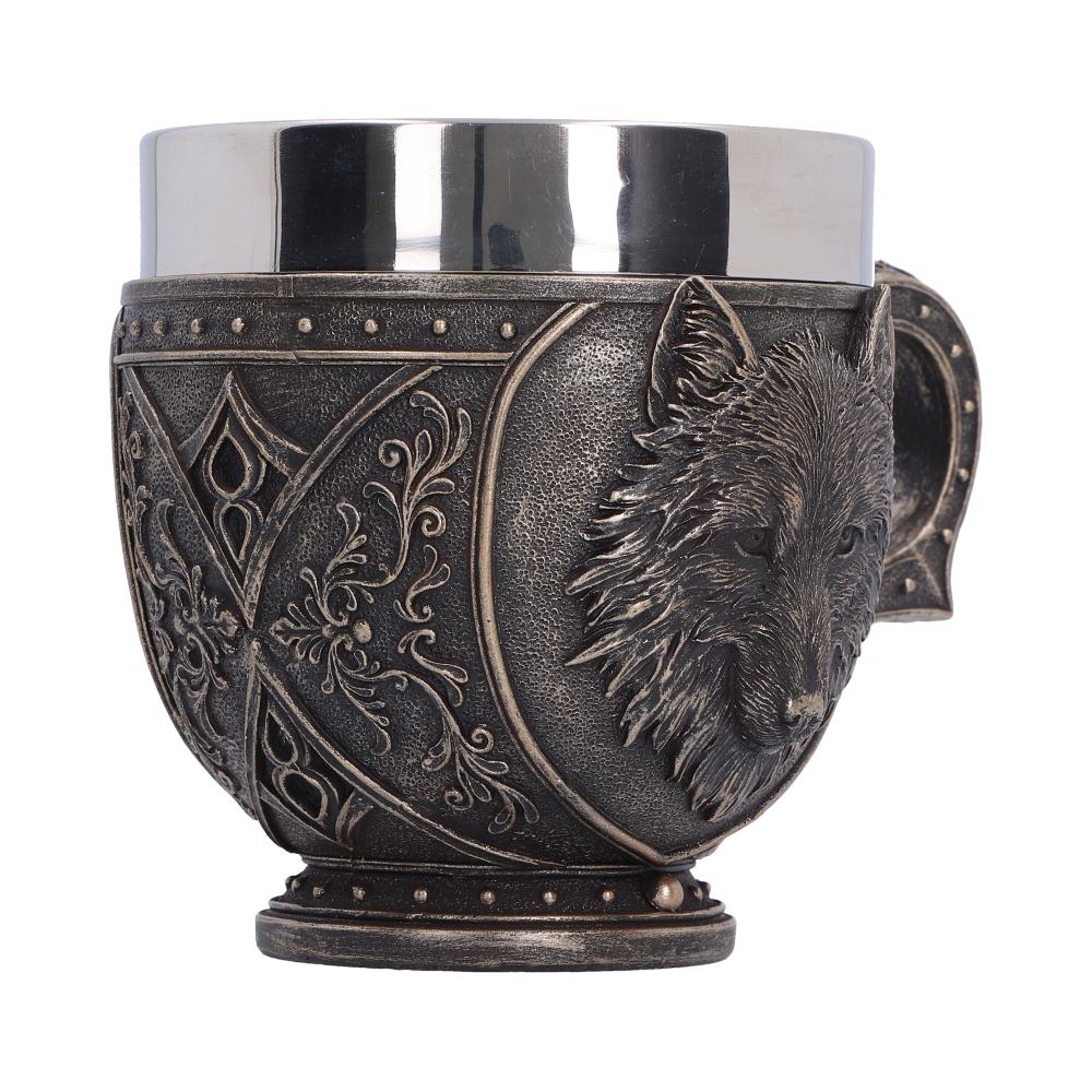 Wild Thirst Wolf Cup - side of the scrollwork handle and bronze-coloured body