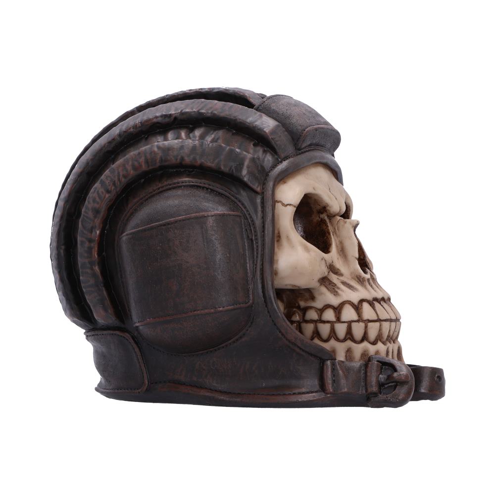 Chocks Away Tankman Skull Ornament - side profile of the helmet ear covering and grinning jaw