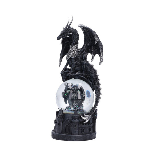 Dragon’s Dominion Snow Globe - large black dragon framing a clear snow globe on a castle base