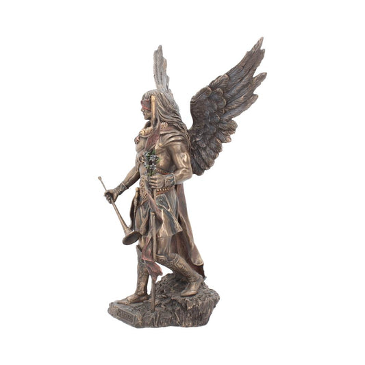 A bronze-toned winged statue holds a long trumpet and a bouquet, standing on a textured base with "GABRIEL" inscribed. The figure wears a detailed robe, suggesting a celestial theme.