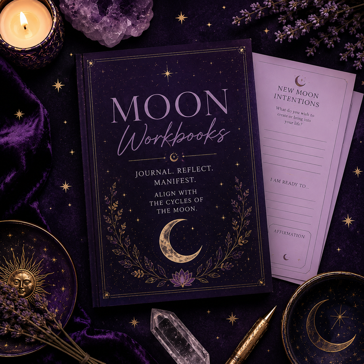 Moon Workbooks collection featuring downloadable lunar resources for journalling, manifestation and spiritual development.