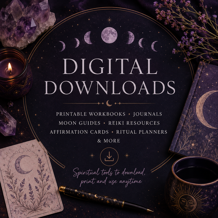 Digital Downloads collection featuring printable spiritual workbooks, journals, Moon resources and downloadable Angel Dust guides.