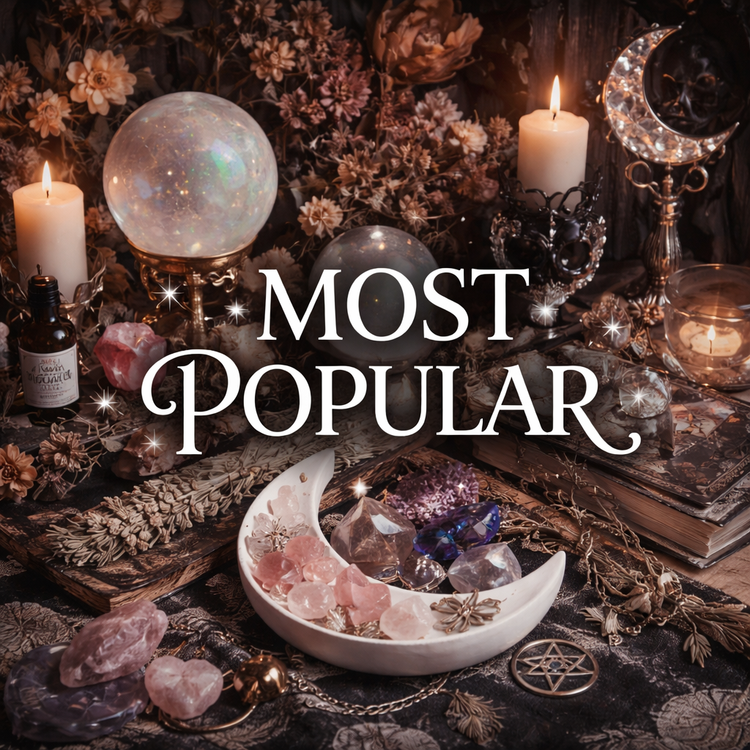 Most Popular collection hero image featuring crystals, tarot elements, candles and mystical décor in a dark boho setting with elegant white “Most Popular” text overlay.