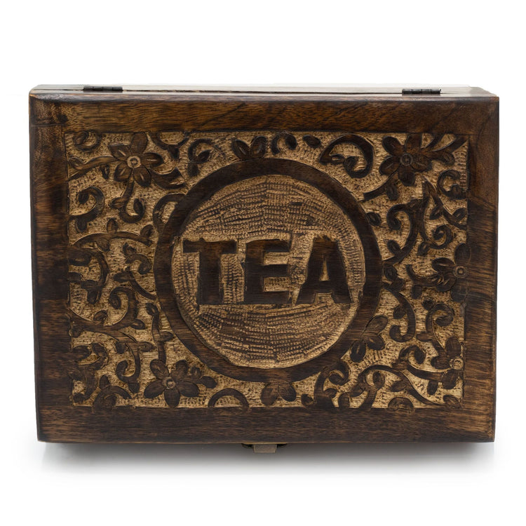 Tea Storage collection featuring wooden boxes,  airtight tins and jars for preserving loose leaf and herbal tea freshness in a tidy home setting.