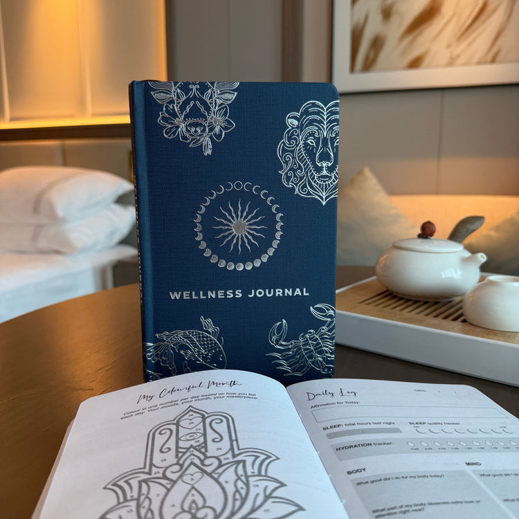 Midnight blue wellness journal with silver zodiac signs, moon, stars and celestial detailing on the cover