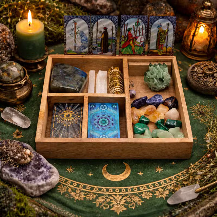 Tarot and oracle card boxes with wooden deck storage, divided compartments and upright card holders