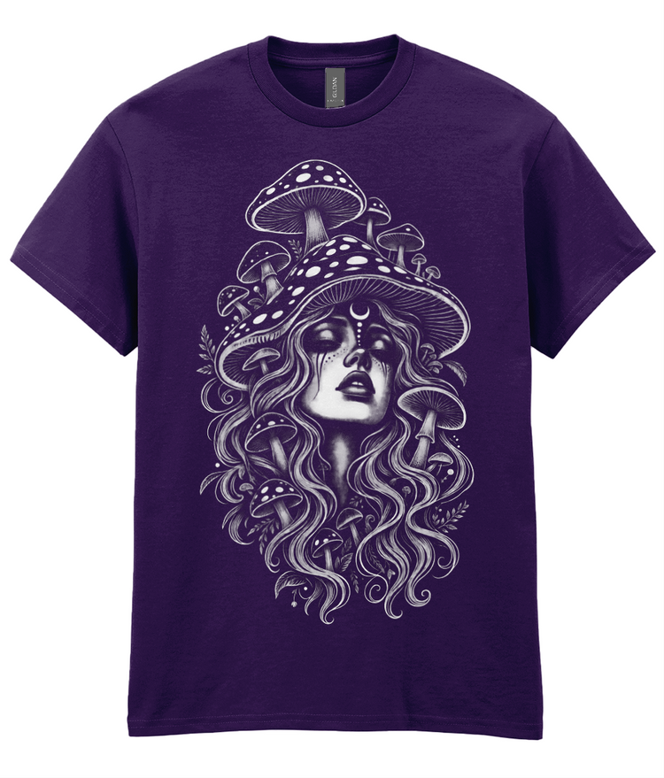 Front Mushroom T-Shirts collection - cottagecore, goblincore and witchy fungi graphic tees with mushroom, moon and enchanted woodland designs.