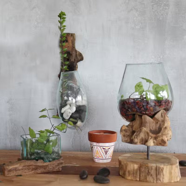 Molten glass on wood bowls vases and handcrafted recycled glass home décor UK