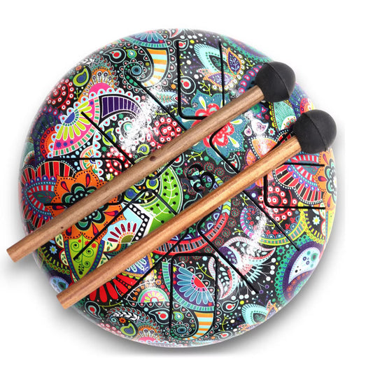 Multi-coloured Om HAPI steel tongue drum with floral artwork, eight tuned tongues, two wooden mallets and sturdy carry bag