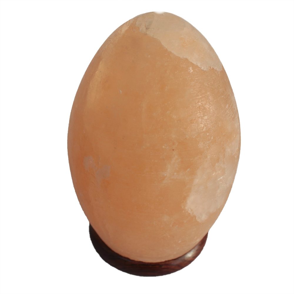 An egg-shaped Himalayan salt lamp sits on a wooden base against a plain white background, showcasing its smooth, textured surface with natural variations in color.