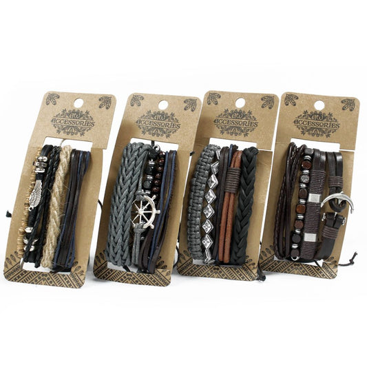 Mens Bracelet Sets - Metal and Leather (asst)