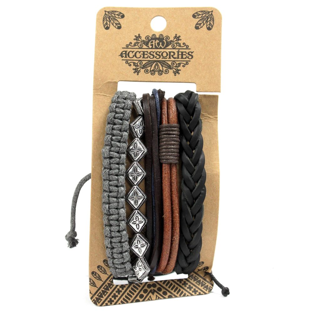 Mens Bracelet Sets - Metal and Leather (asst)
